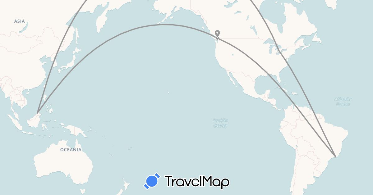 TravelMap itinerary: driving, plane in Brazil, Canada, Malaysia (Asia, North America, South America)